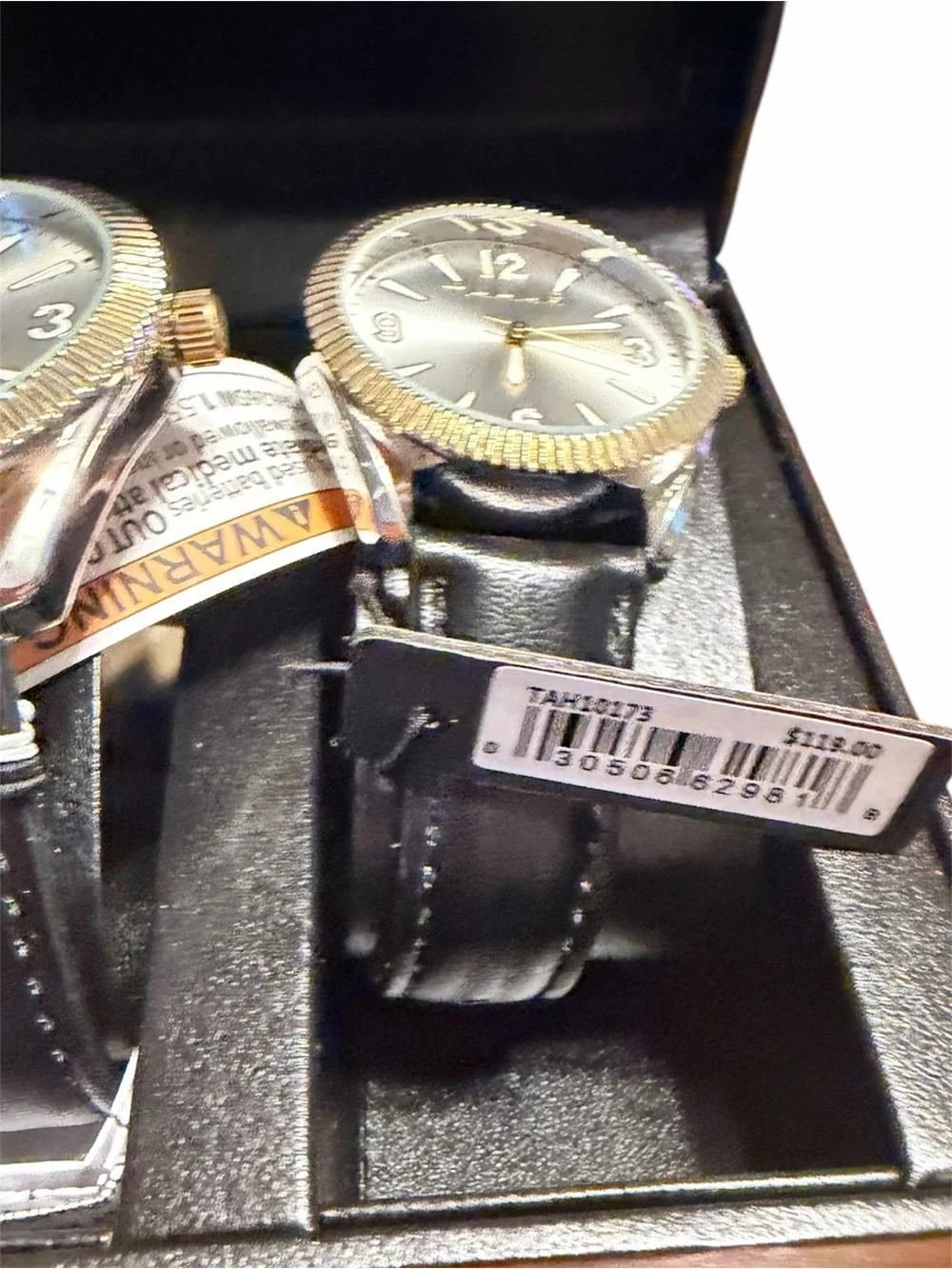 Tahari “His & Hers” Black Leather Watches with Gold-Tone Bezel and Silver Dials